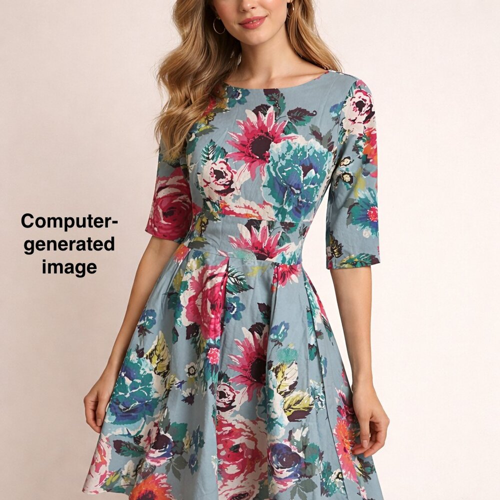 Floral Elegance Cotton Blend Fit and Flare Midi Dress Classic Retro 50s